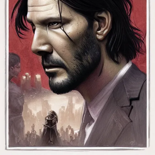 Image similar to a mind - blowing portrait of a john wick wearing a human skull, deep focus, d & d, fantasy, intricate, elegant, highly detailed, digital painting, artstation, concept art, matte, sharp, illustration, hearthstone, art by artgerm and greg rutkowski and alphonse mucha