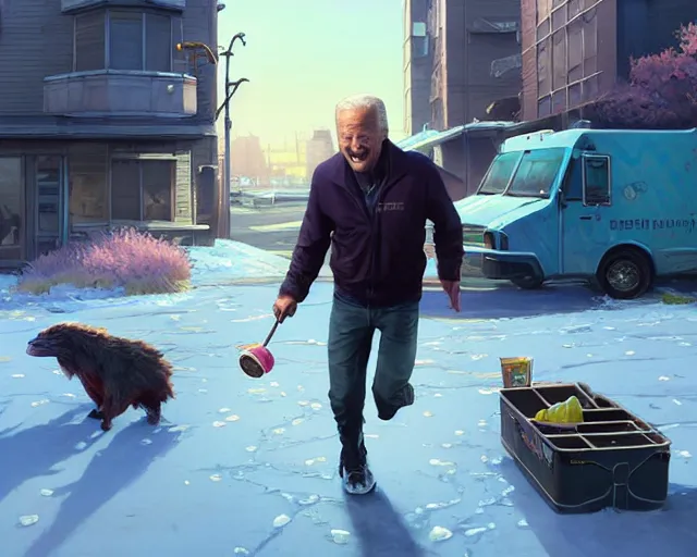 Image similar to Highly detailed portrait of homeless Joe Biden barefooted chasing the ice cream truck, in GTA V, Stephen Bliss, unreal engine, fantasy art by Greg Rutkowski, Loish, Rhads, ferdinand knab, Makoto Shinkai and Lois van baarle, ilya kuvshinov, rossdraws, Tom Bagshaw, global illumination, radiant light, detailed and intricate environment