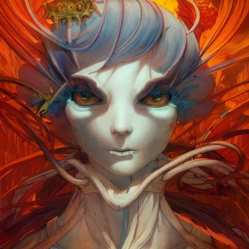 Image similar to prompt : dungeon character portrait soft light painted by james jean and katsuhiro otomo and erik jones, inspired by evangeleon anime, smooth face feature, intricate oil painting, high detail illustration, sharp high detail, manga and anime 1 9 9 9