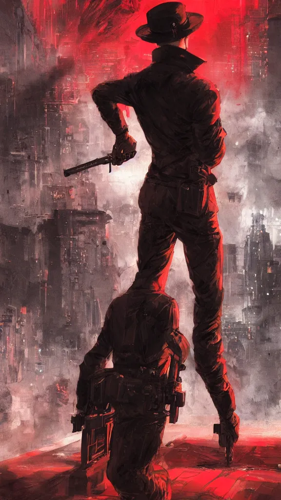 Prompt: portrait, of a spy with a gun, book cover, red and black colors, city establishing shot, extremly high detail, foto realistic, cinematic lighting, by Yoshitaka Amano, Ruan Jia, Kentaro Miura, Artgerm, post processed, concept art, artstation, matte painting, style by eddie mendoza, raphael lacoste, alex ross