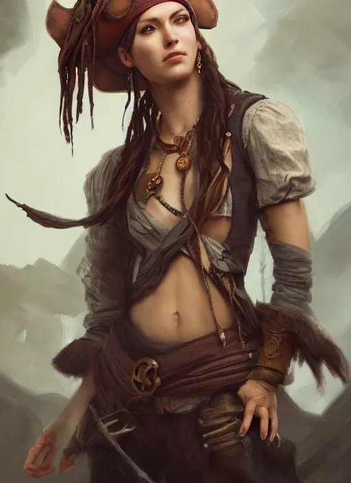 Image similar to detailed full body concept art dull oil painting of a pirate female, beautiful face, realistic hands, elegant pose, fantasy, illustration, insanely detailed and intricate clothing, octane render, 4k