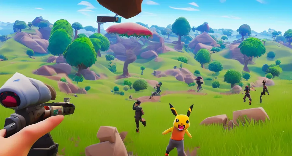 Image similar to pokemon in Fortnite, super wide shot, trending on artstationhq