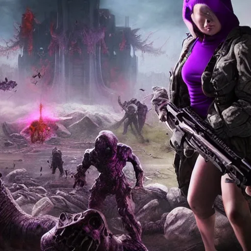 Image similar to apocalyptic world, doom game like look, female in hoodie in the middle, purple hair, shooting the monsters, 8 k, photorealistic, hyper realistic, full detail