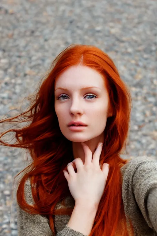 Prompt: olive skinned redhead female model in her twenties, wearing a v - neck sweater, looking content, focused on her neck, photo realistic, extreme detail skin, natural beauty, no filter, slr, golden hour, 4 k, high definition, selfie