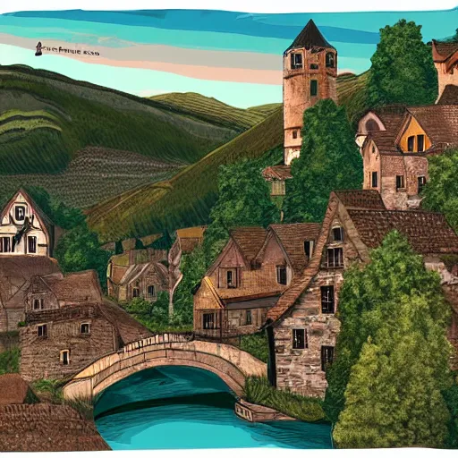 Image similar to digital painting of a picturesque small medieval town on a sunny day with stone buildings nestled at the foot of a tall mountain by a river with a bridge crossing into a dark forest.