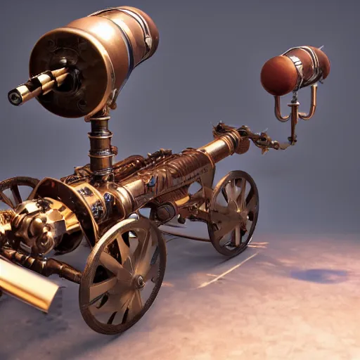 Prompt: steampunk tesla cannon, 3 d render, octane, ray tracing, ultra high detail, photorealistic, high resolution, 8 k