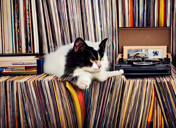 Image similar to photography of a Cat sitting on a pile of books and vinyls. a record player is in the shot. in a room full of vinyls and posters out of the 70's, photorealistic, raining award winning photo, 100mm, sharp, high res