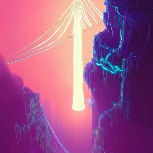 Prompt: comic book art of a [ man ] in trenchcoat with ( glowing ) crossing a [ old ] [ rope ] bridge in a [ jungle ] looking up at a [ mountain ] made of crystalized pink rock, a [ glowing tower ] extends into the sky, low angle, artstation illustration, elegant, cyberpunk, volumetric fog, arcane by tim doyle