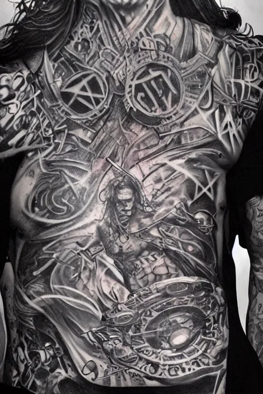 Prompt: Photorealistic Portrait of frontal standing pose torso of a very attractive buffed Jax Teller heavily tattooed. surrounded by magic lightings overlays, Intricate, concept art, magic lighting overlays, magical portal opened, D&D!, fantasy style, sharp focus!, ultra detailed, art by Artgerm and Peter Andrew Jones, WLUP, Magali Villeneuve