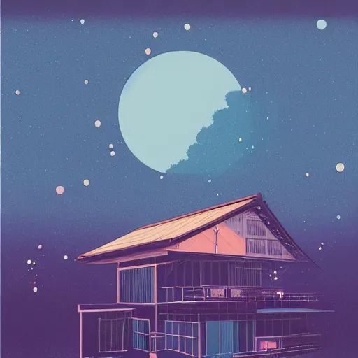 Image similar to a vinyl on a 8 0 s japanese house by inio asano, beeple and james jean, aya takano color style, 4 k, super detailed, night sky, digital art, digital painting, celestial, majestic, colorful