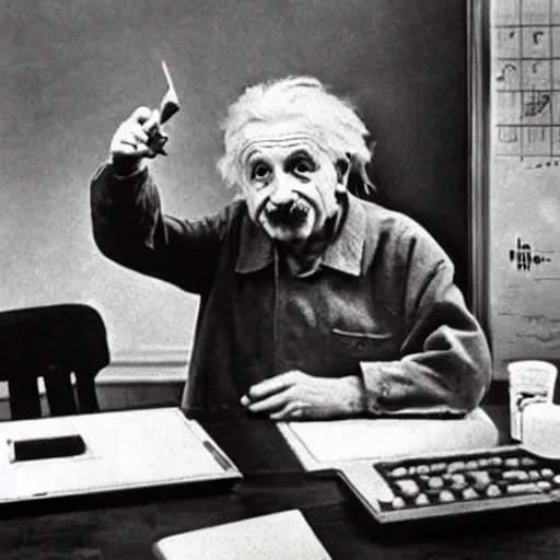 Image similar to vintage photo of albert einstein playing roblox, roblox shown on the computer, einstein pointing at the computer, circa 1 6 0 0, award - winning shot