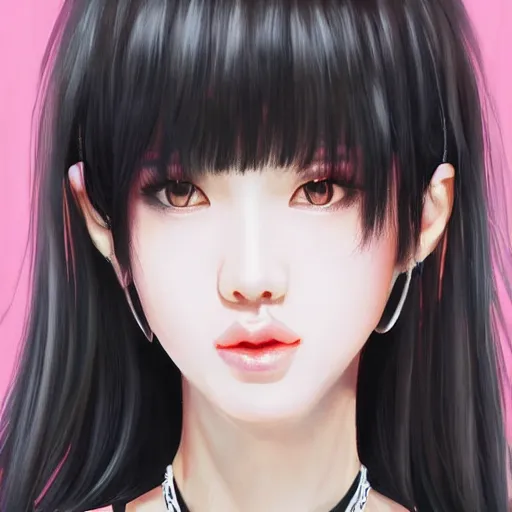 Image similar to realistic detailed semirealism beautiful gorgeous cute Blackpink Lalisa Manoban wearing white tight t-shirt, black hair black cat ears, black leather choker, proportional body, WLOP, Aztodio, Taejune Kim, sakimichan, ArtGerm, Pixiv, Instagram, Artstation