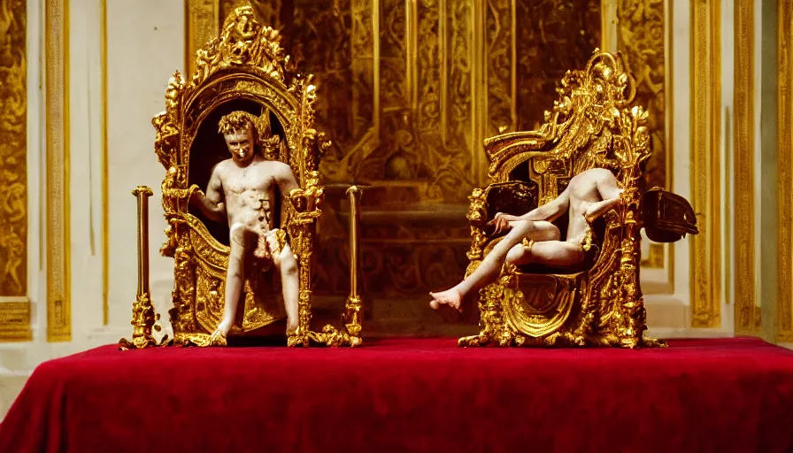 Prompt: movie still close - up of caligula dead - slaughtered on a gold throne in a neoclassical room, cinestill 8 0 0 t 3 5 mm, high quality, heavy grain, high detail, dramatic light, cinematic composition, flares, anamorphic, blood, bleeding, by alexei guerman