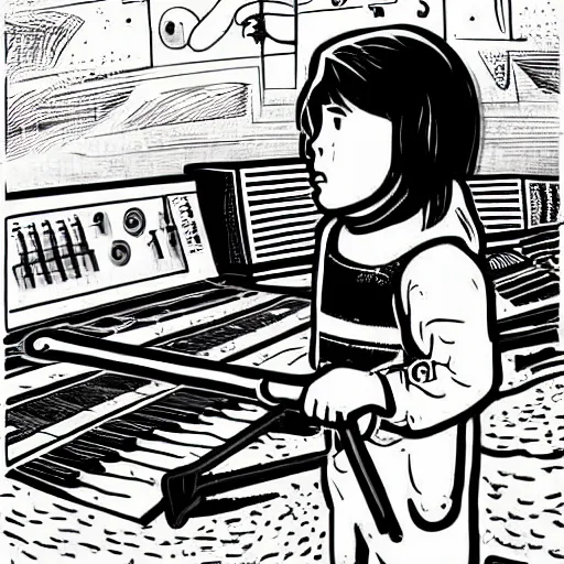 Prompt: beautiful detailed comic style illustration using only black, white and Magenta, of a young child using a longsword to chop a music studio mixing console in half