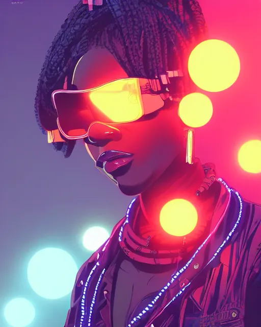 Image similar to kyoto animation, cool african lady wearing cyberpunk intricate warcore, neon lighting tubes, beautiful, detailed portrait, cell shaded, 4 k, concept art, by wlop, ilya kuvshinov, artgerm, krenz cushart, greg rutkowski, pixiv. cinematic dramatic atmosphere, sharp focus, volumetric lighting, cinematic lighting, studio quality