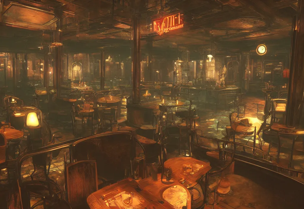 Image similar to In the world of rapture from the world of bioshock you are in a bar, there is a window that lets you see the whole city underwater and you are drinking a rum and coke, there are masks on the tables
