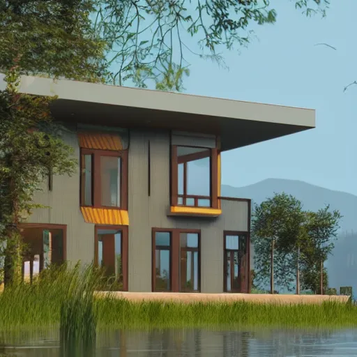 Prompt: a beautiful house, by a lakeside, modernism, 4 k, concept art, unreal engine