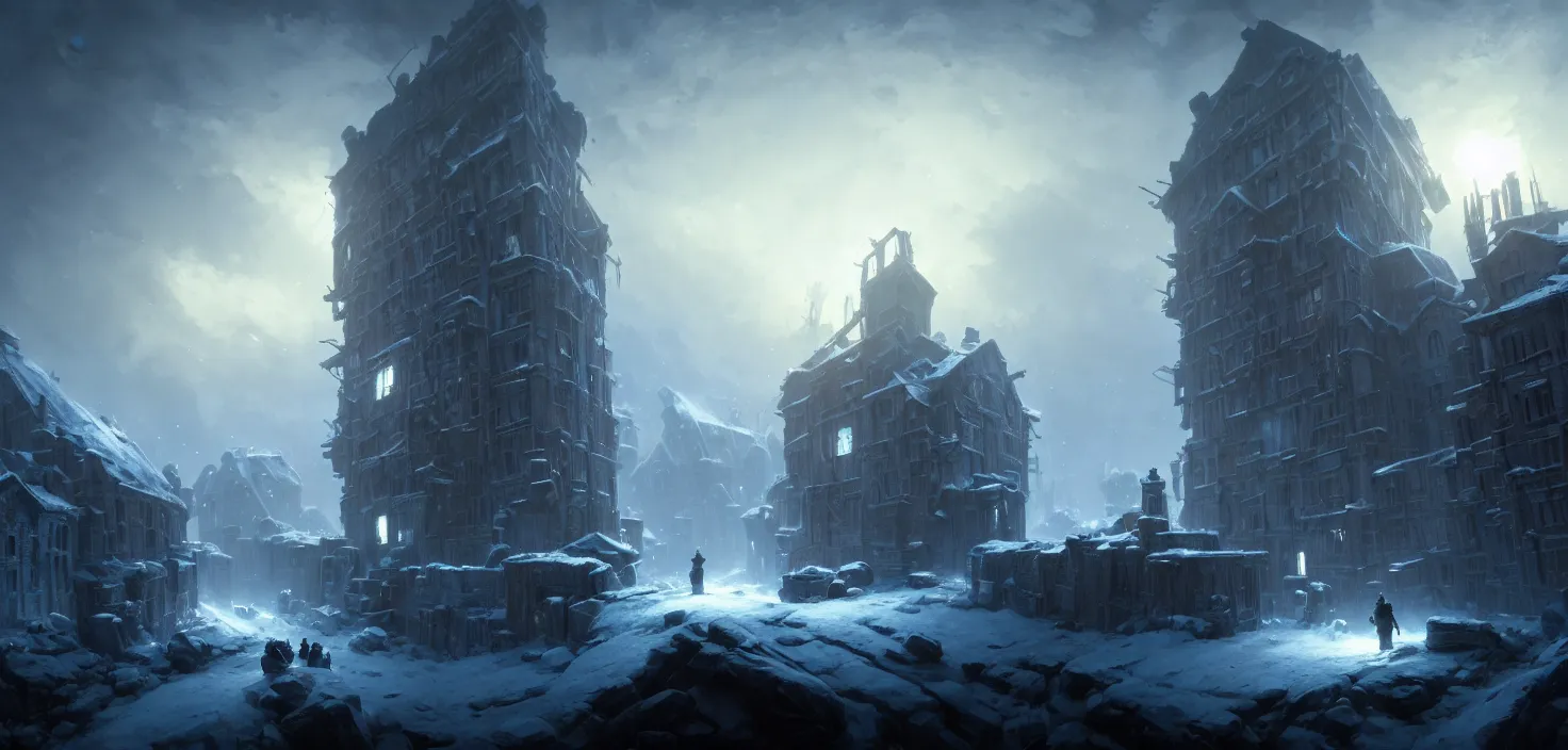 Image similar to frostpunk portal house, cinematic view, epic sky, no people, detailed, concept art, high detail, warm lighting, volumetric, godrays, vivid, beautiful, trending on artstation, by jordan grimmer, huge scene, art greg rutkowski