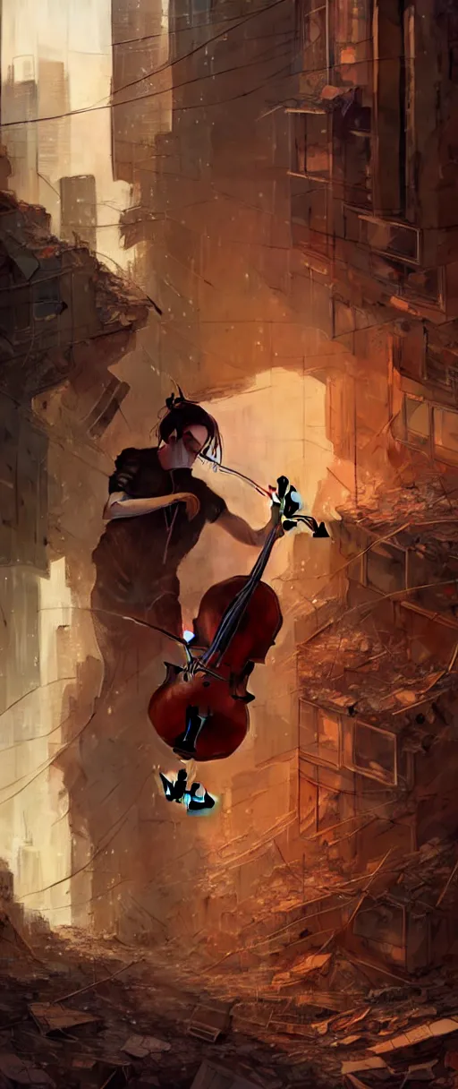 Prompt: a highly detailed portrait of a singular cellist playing in the rubble of a fallen building in a cyberpunk city, beautifully lit, concept art, sharp focus, in the style of steve argyle, artstation HD, octane render