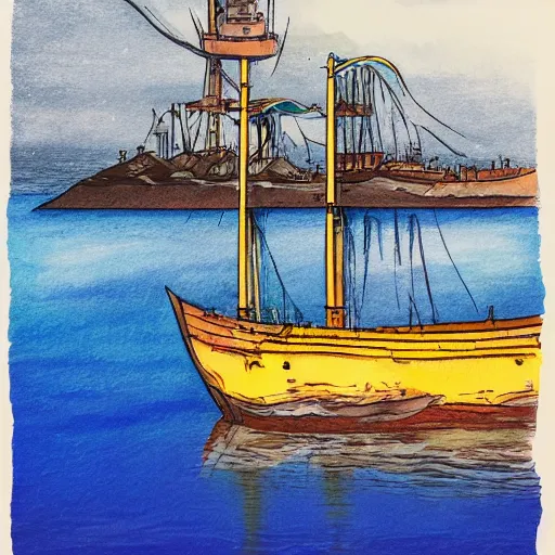 Image similar to wizard's ship setting out from a harbour colour painting high res