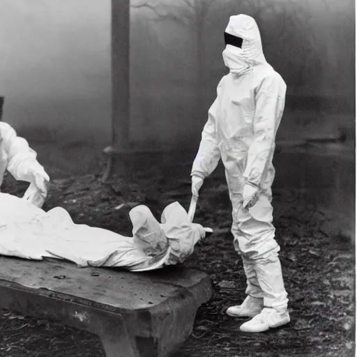 Prompt: old black and white photo, 1 9 1 3, depicting scientists in hazmat suits removing an alien biomechanical corpse on a bridge, historical record, volumetric fog