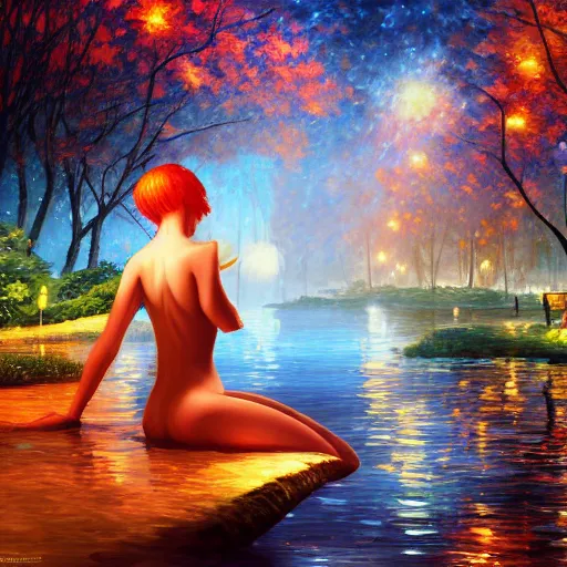 Image similar to redhead beautiful girl bathing in a river, night, moonlight, plus ultra cryengine render by android jones, james christensen, rob gonsalves, leonid afremov and tim white