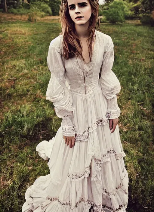 Image similar to Emma Watson for Victorian Secret, perfect face, hot summertime hippie, psychedelic Wedding Dress, full length shot, XF IQ4, 150MP, 50mm, f/1.4, ISO 200, 1/160s, natural light, Adobe Photoshop, Adobe Lightroom, DxO Photolab, Corel PaintShop Pro, rule of thirds, symmetrical balance, depth layering, polarizing filter, Sense of Depth, AI enhanced