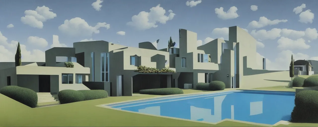 Image similar to contemporary house with pool in the front, full height windows, concept art, surrealist, rene magritte