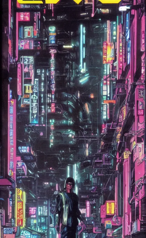 Image similar to 1979 OMNI Magazine Cover of an android raven in street level neo-Tokyo in cyberpunk 2020 style by Vincent Di Fate