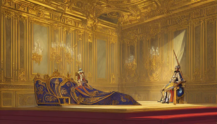 Prompt: the imperial throne room in the palace of versailles of god emperor napoleon bonaparte, napoleon on the throne, dieselpunk, french baroque, rococo, napoleonic, science fiction, steampunk, sharp, concept art watercolor illustration by mandy jurgens and alphonse mucha, dynamic lighting