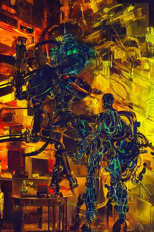 Prompt: a scene with a intricate anime figurine that looks like a transparent plastic robot with a lot of fluo colored details with yellow smoke, moody light, hyper real painting