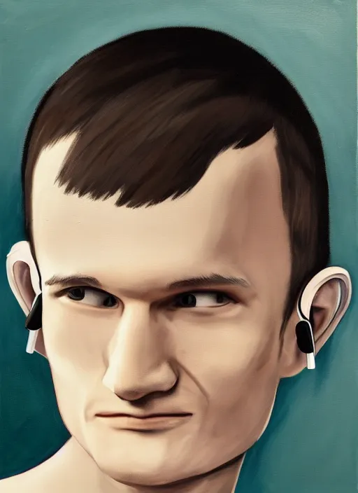 Image similar to vitalik buterin in headphones. vitalik buterin, medium shot, perfect symmetric face, coherent eyes, cute happy face, fine details., 4 k, hans zatska, oil paint