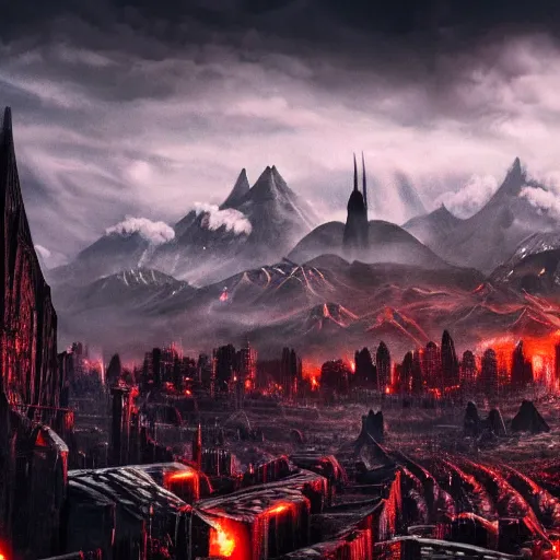 Image similar to mordor as a bustling city, highly detailed, sharp focus, skyline, vast, atmospheric, movie still, gothic, lord of the rings, mount doom, 4 k, fantasy