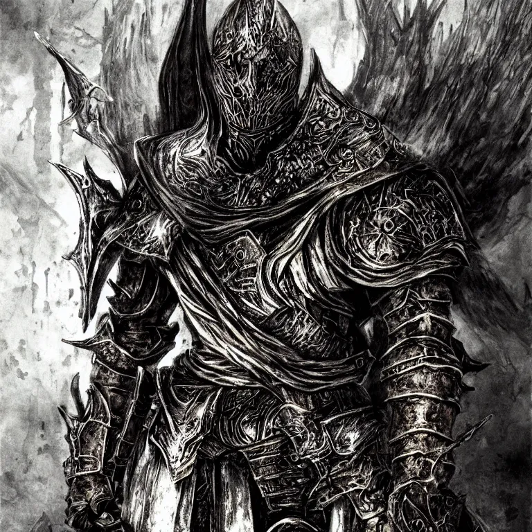 Image similar to Folk horror portrait of the ashen one from dark souls III (dark souls 3), detailed illustration by Yoshitaka Amano