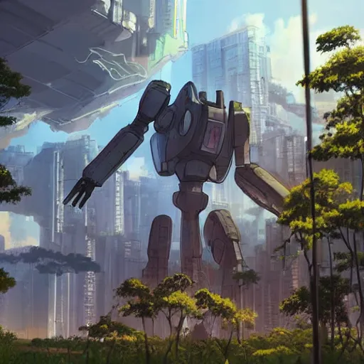 Image similar to A giant robot in city ruins overtaken by vegetation in anime style highly detailed by Makoto Shinkai and Raphael Lacoste