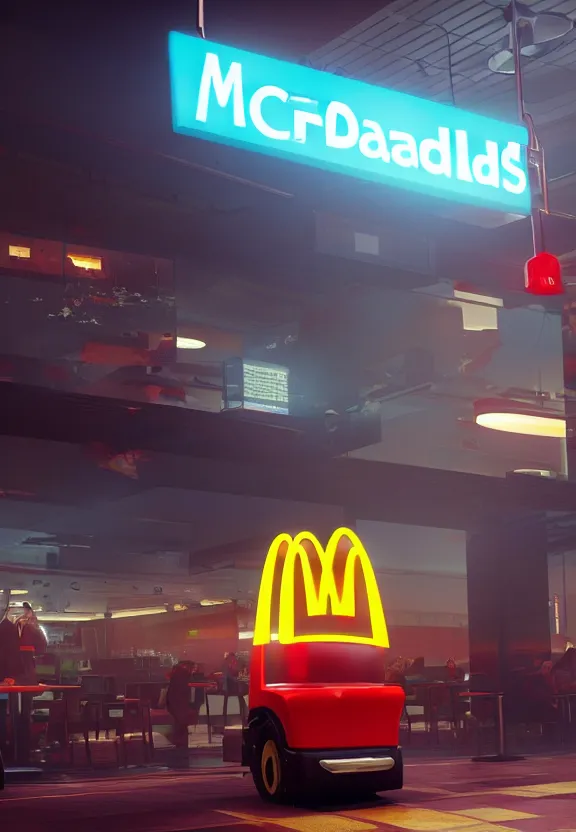 Image similar to a portrait of a streamlined mcdonalds - themed robot crashing into a mcdonalds restaurant, by greg rutkowski, sung choi, mitchell mohrhauser, maciej kuciara, johnson ting, maxim verehin, peter konig, bloodborne, 8 k photorealistic, cinematic lighting, hd, high details, dramatic, trending on artstation