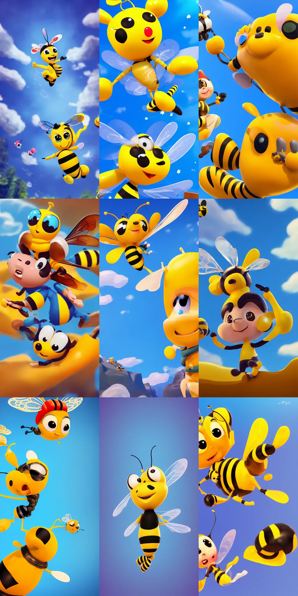 Prompt: a one character cartoon cute bee, polish hyper - casual, blue sky background, stylized 3 d, playrix style, ahmad merheb, edin durmisevic, alexander minze thumler, yan morala, maya bee, 8 k, game screen, close up, top artstation