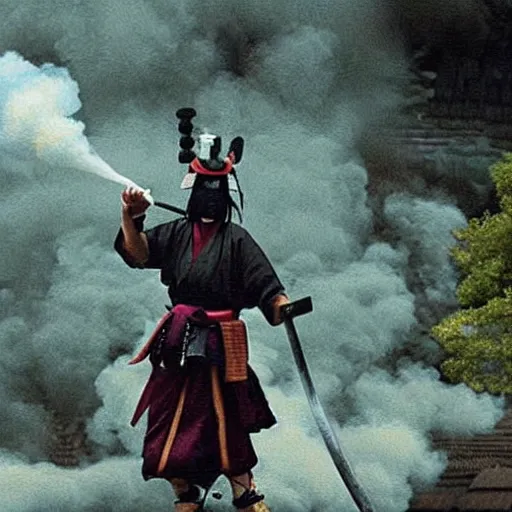 Image similar to a samurai warrior made of smoke, mystical magical :: ghibli studio,