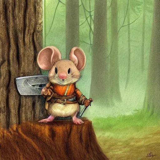 Prompt: Mouse Guard sits on a stump holding a sword, in deep forest, by rivuletpaper, rivuletpaper art, Mouse Guard by David Petersen, mouse photo, small details, realistic illustration, illustrations by Stephen Reid