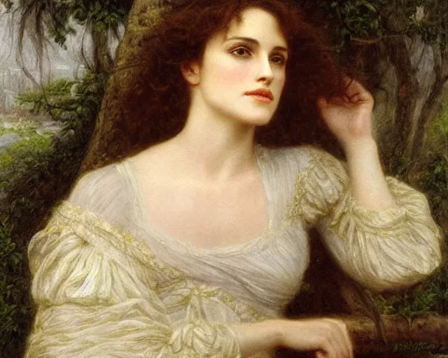 Image similar to portrait en buste of winona ryder kiera knightley in repose by Hughes Merle, by Pierre Auguste Cot, perfect detailed eyes, realistic fabric, abundant detail, winona ryder