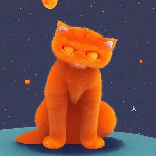 Image similar to A fuzzy orange cat sitting on planet earth, space with stars in the background, trending on artstation