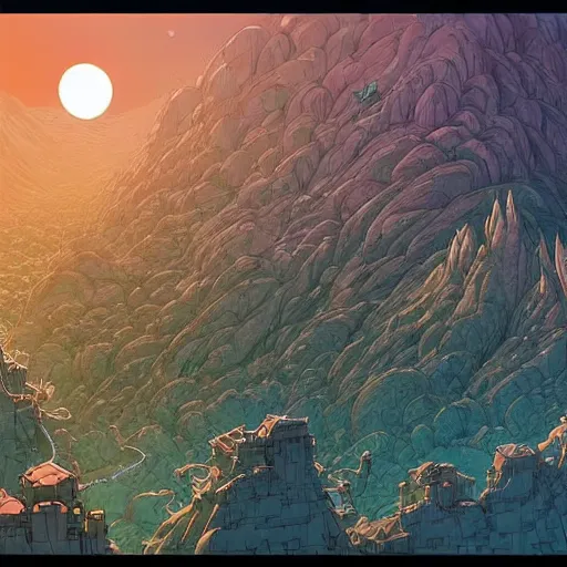 Image similar to cell shaded adult animation, a birds eye view overlooking a walled off ancient fantasy city being attacked by horrific monsters, surrounded by mountains and trees of greens and browns, rivers, concept art by josan gonzales and wlop, Laurie Greasley, Jordan Grimmer, Beksiński and james jean, highly detailed, sharp focus, Trending on Artstation, HQ, deviantart, art by artgem