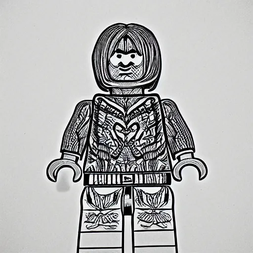 Image similar to lego character, pen and ink, intricate line drawings.