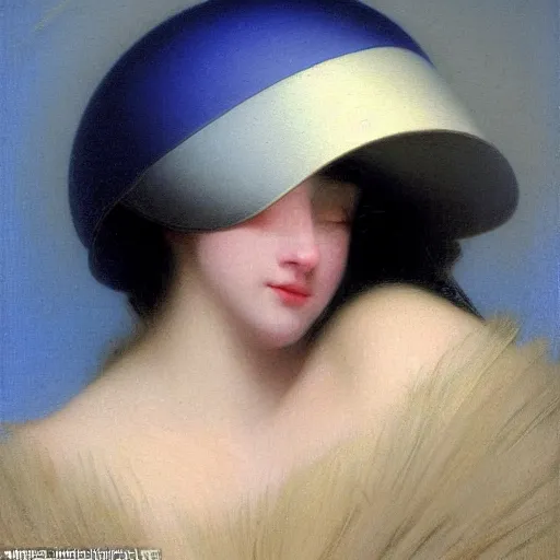 Image similar to a young woman's face, her hair is silver white and she wears an indigo blue satin cloak, by ivan aivazovsky and syd mead and moebius and gaston bussiere and roger dean and pieter claesz and paul delaroche and alma tadema and aelbert cuyp and glenn fabry, hyperrealistic, volumetric light, octane render