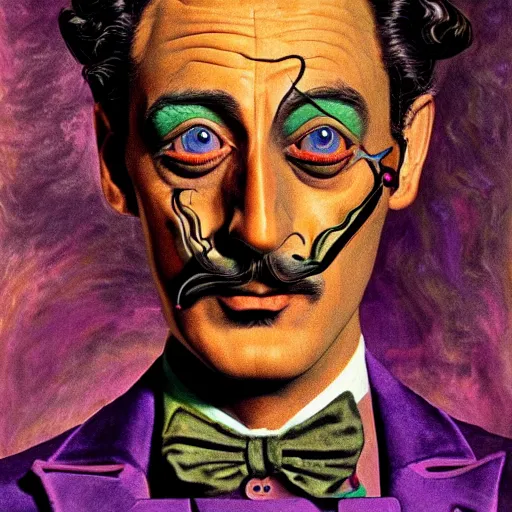 Prompt: an extremely psychedelic portrait of salvador dali as willy wonka, surreal, lsd, face, detailed, intricate, elegant, lithe, highly detailed, digital painting, artstation, concept art, smooth, sharp focus, illustration,