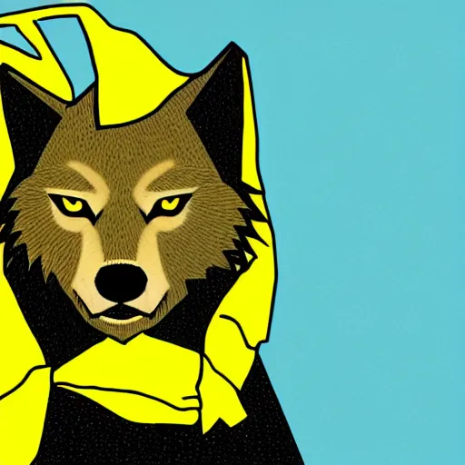 Image similar to lineart of a wolf wearing a yellow raincoat
