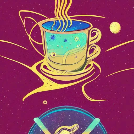 Prompt: dreaming the cosmic coffee, absolute colorful spiritual awakening through the drinking of golden rich subtle coffee, delicious illustration greg rutkowsky, trending on ArtStation high quality wallpaper,