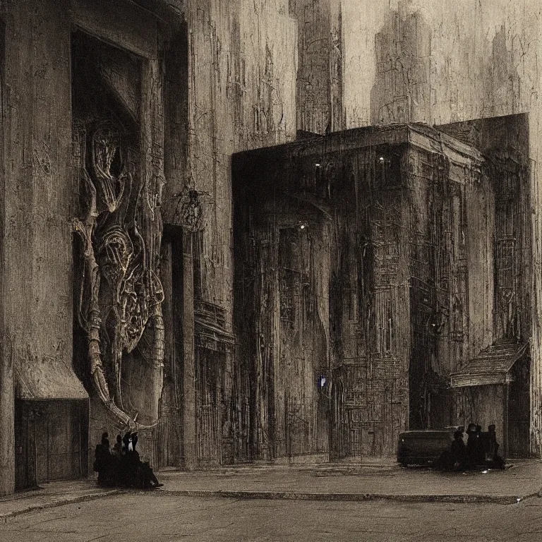 Prompt: some people waiting in a lone bus stop in qiet dark city, by H.R. Giger and Zdizslaw Beksinski