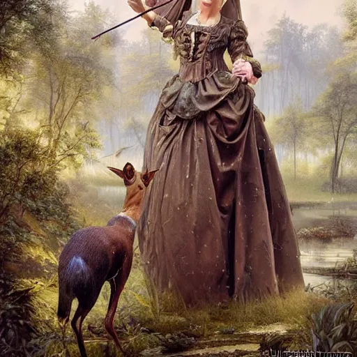 Image similar to A masterpiece ultrarealistic ultradetailed portrait of a Incredibly beautiful maid baroque renaissance swamp nun girl hunting on deer with russian greyhound medium shot, intricate, elegant, highly detailed. trending on artstation, digital art, by Stanley Artgerm Lau, WLOP, Rossdraws, James Jean, Andrei Riabovitchev, Marc Simonetti, Yoshitaka Amano. background by James Jean and Gustav Klimt, light by Julie Bell, 4k, porcelain skin.