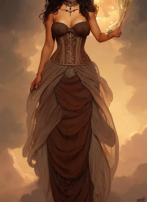 Image similar to cute brown woman wearing a transparent corset dress, fantasy, intricate, highly detailed, digital painting, artstation, concept art, wallpaper, smooth, sharp focus, illustration, art by artgerm and greg rutkowski and alphonse mucha